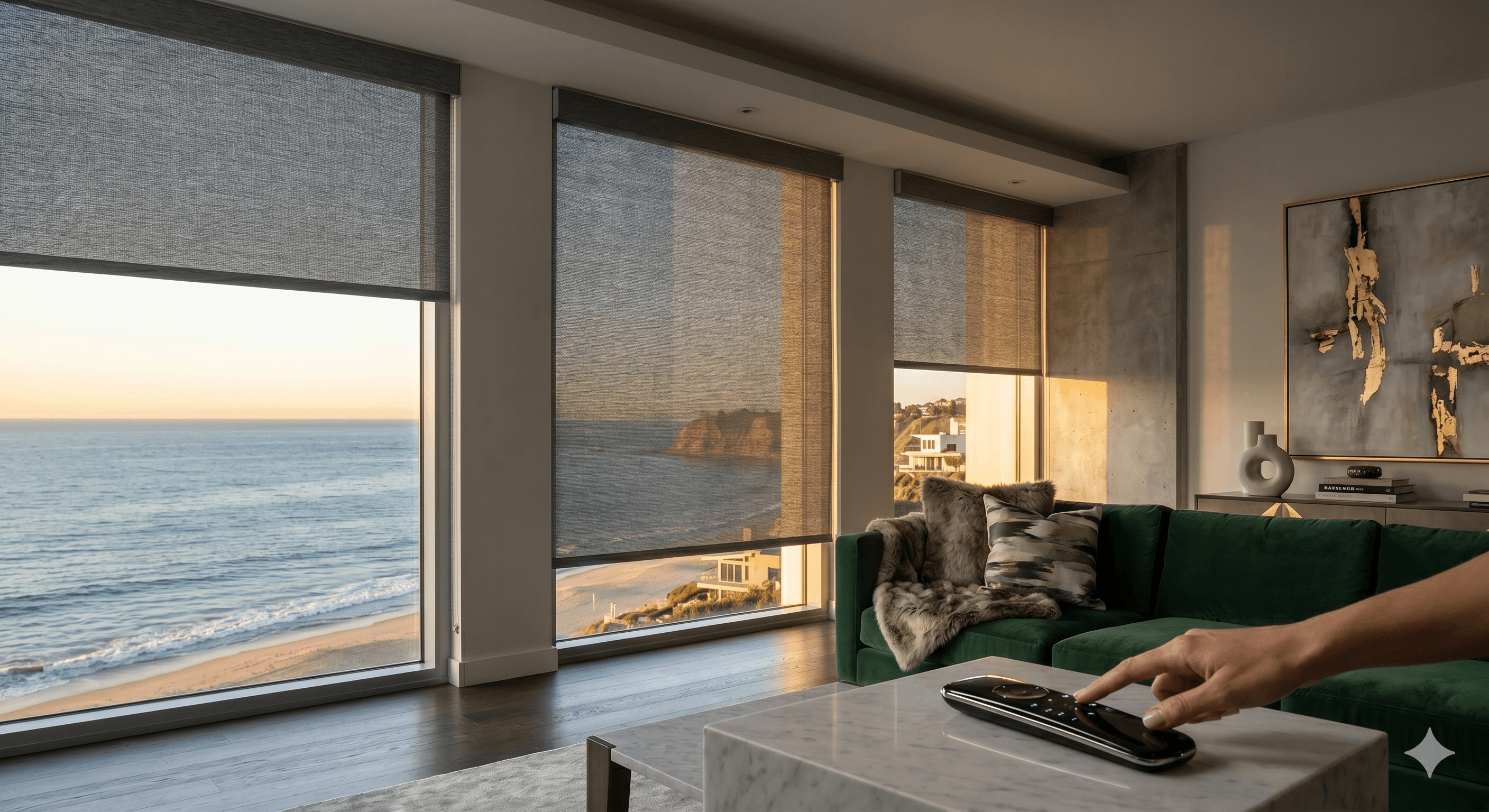 Motorized roller shades with ocean sunset view and remote control
