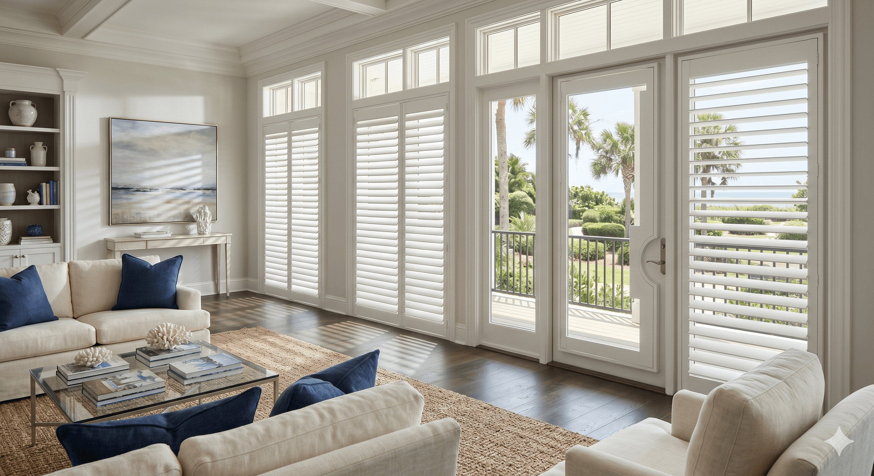 White plantation shutters in a coastal living room with ocean view and palm trees