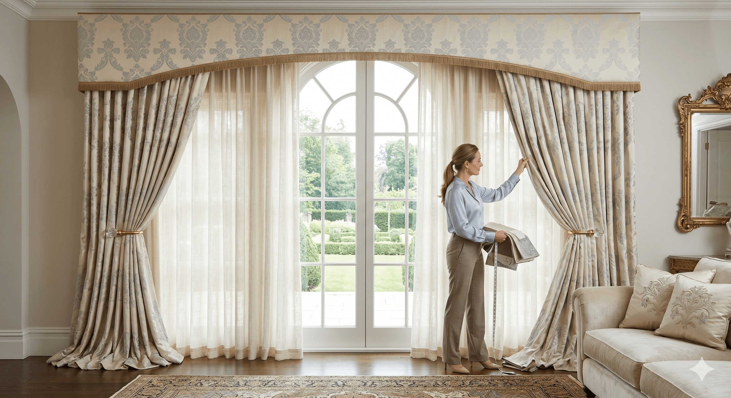 Elegant custom drapery with arched valance and sheer curtains in a luxury home