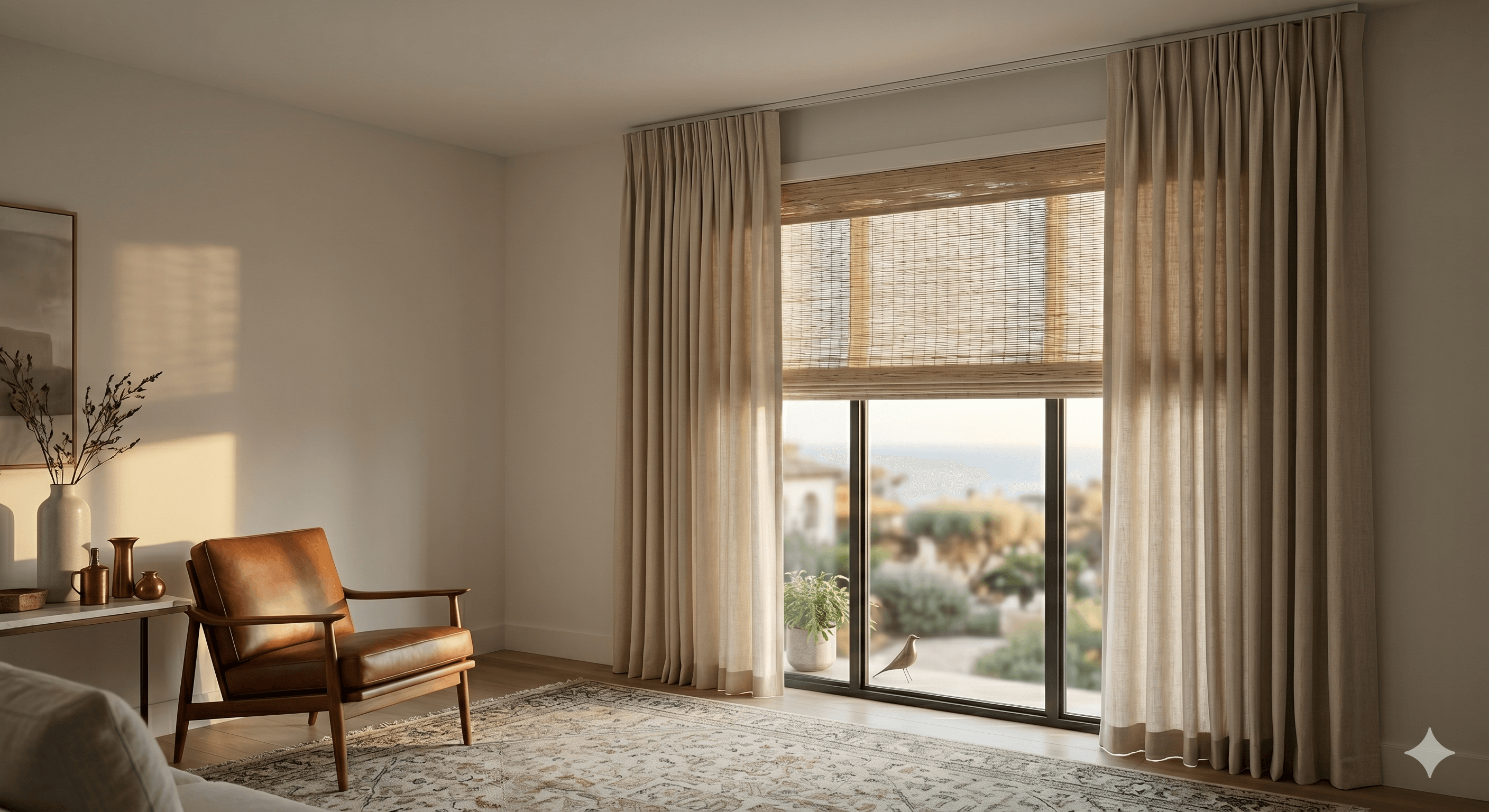 Coastal bedroom with linen drapery layered over woven wood shades and ocean view