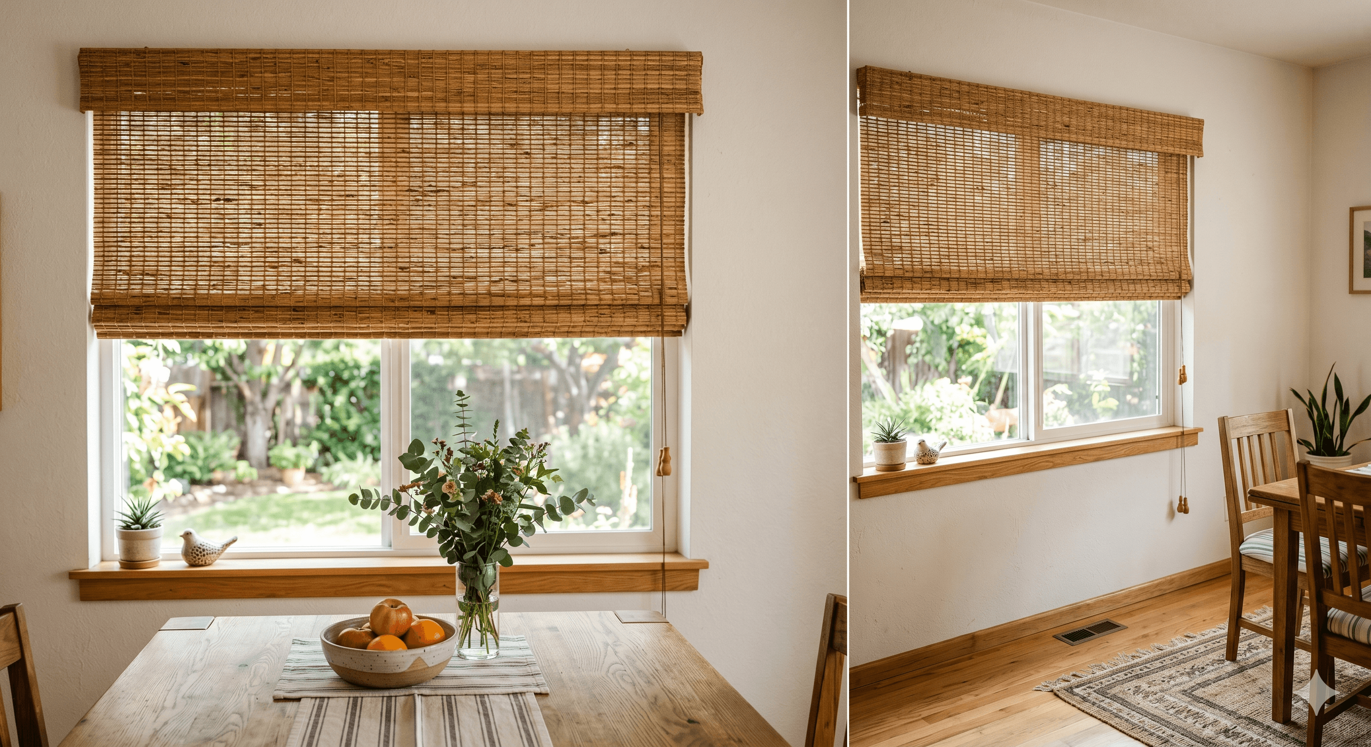 Natural woven bamboo shades in a bright dining room with garden view