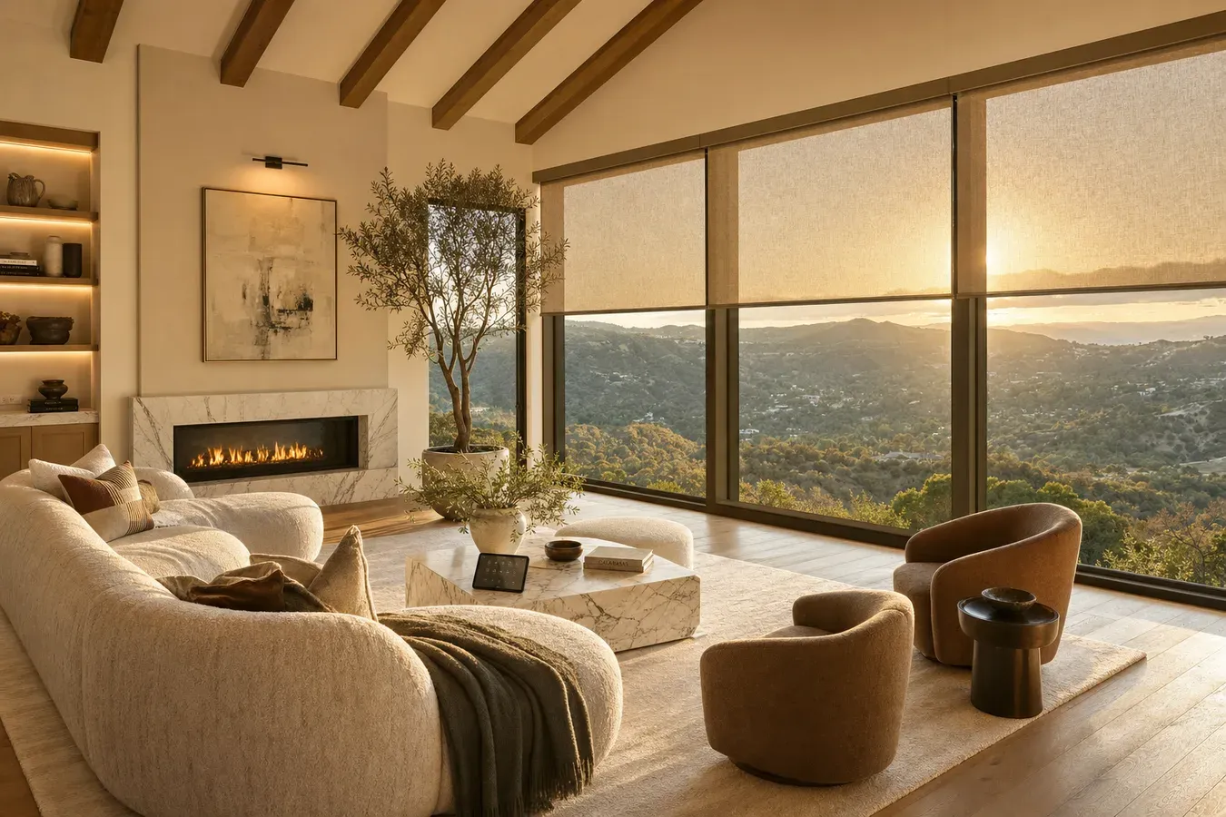 Motorized roller shades in a modern living room